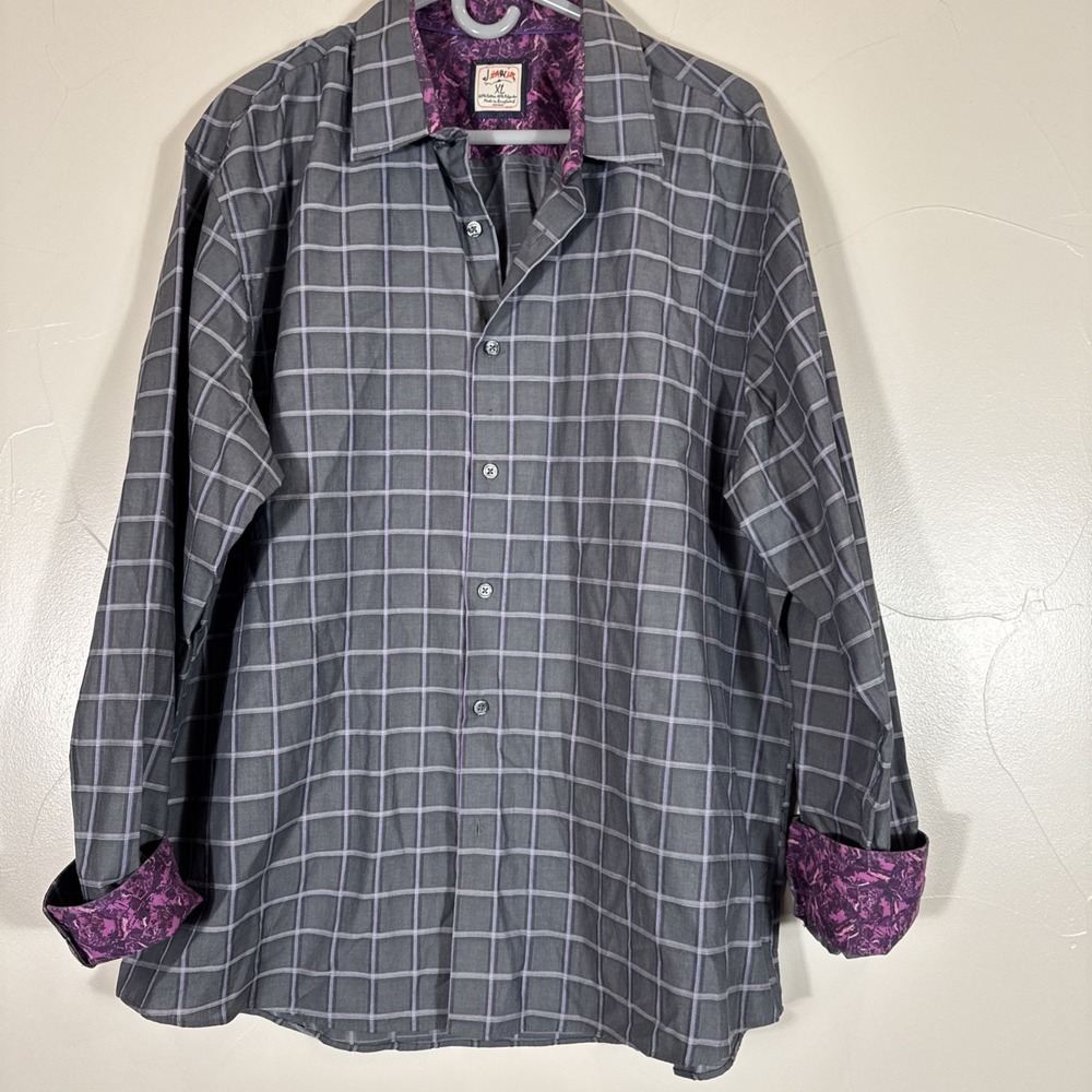 J. Garcia Men's XL Gray Windowpane Plaid Button Front Shirt Flip Floral Cuff